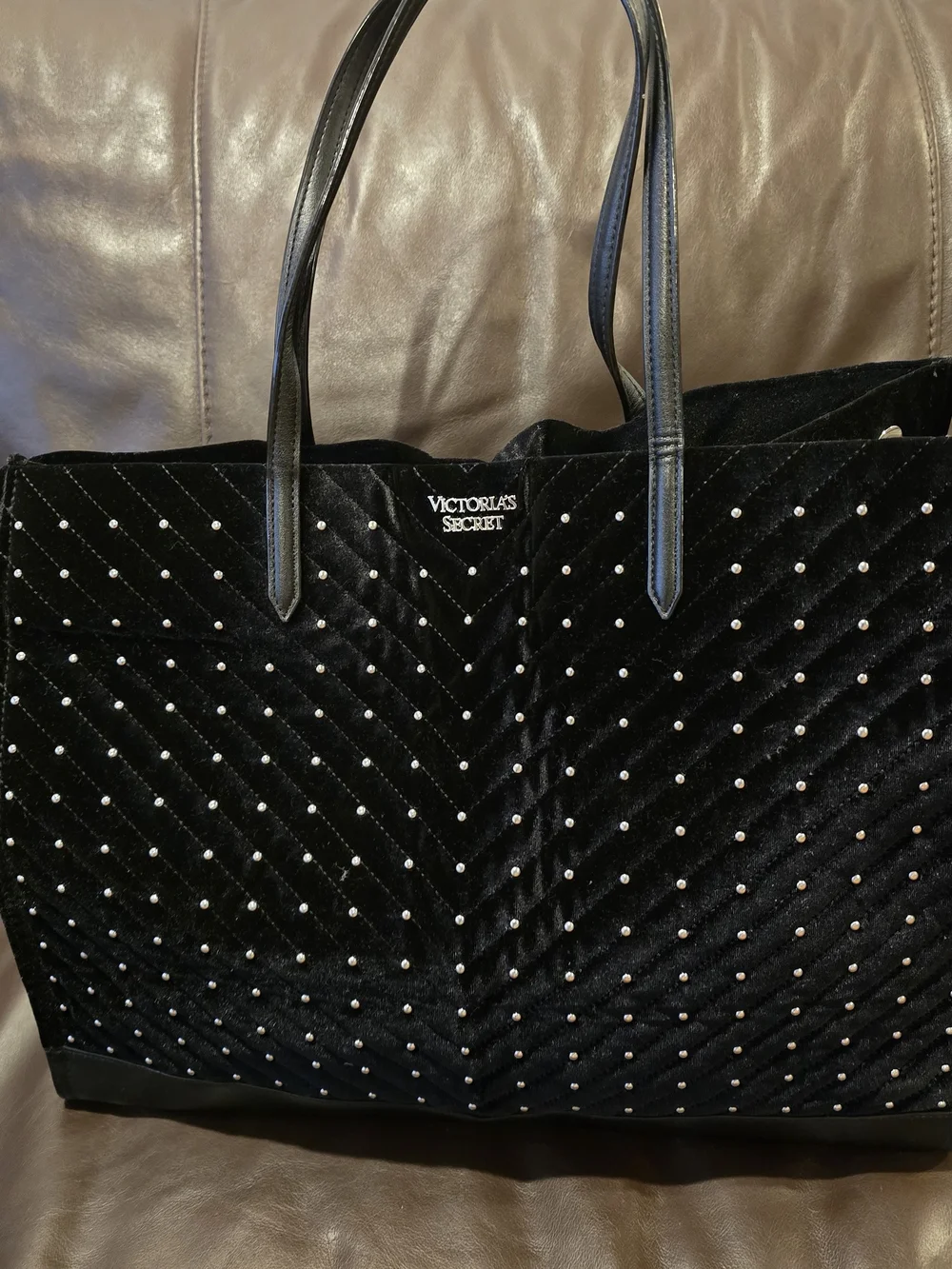 Victoria's Secret Black Quilted Velvet Studded Tote